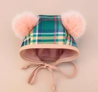Green and Pink tartan pom pom bonnet 