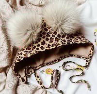 Leopard corduroy and super fluffy pom pom bonnet 