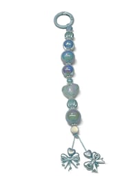 Image 1 of 1PC. BLUE HEART AND BOWS ACRYLIC/RESIN HAND MADE KEY RING LANYARD/PURSE SWAG/CELL  SWAG