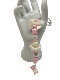 Image 1 of 1PC.  PINK /WHITE CHECK BEADS/WHITE BOW ACRYLIC/RESIN BEAD/HAND MADE KEY RING /PURSE SWAG/CELL  SWAG