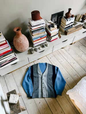 Vintage 70's Cardigan Blue Grey Stripe - Size M