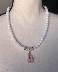 LA Baseball Necklace – White and Rose Quartz Edition
