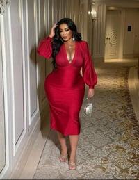 Image 1 of Red Mid Length Low Cut Dress