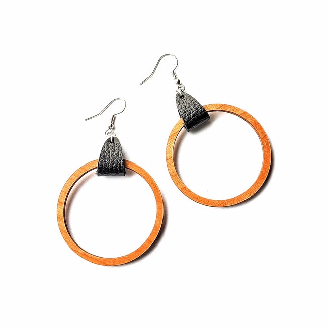 Black Leather + Cedarwood Hoops