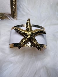 Image 3 of Golden Starfish Ocean Cuff Bracelet – White Leather & Hammered Gold Tone – Coastal Boho Jewelry
