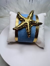 Image 1 of Denim & Gold Starfish Cuff Bracelet – Coastal Chic Ocean Jewelry, Boho Resort Style
