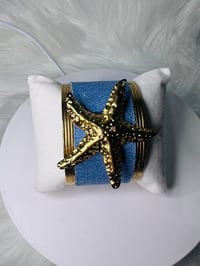 Image 2 of Denim & Gold Starfish Cuff Bracelet – Coastal Chic Ocean Jewelry, Boho Resort Style