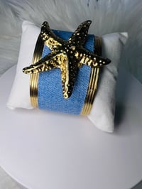 Image 3 of Denim & Gold Starfish Cuff Bracelet – Coastal Chic Ocean Jewelry, Boho Resort Style