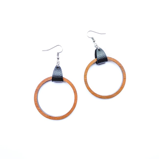 Black Leather + Cedarwood Hoops