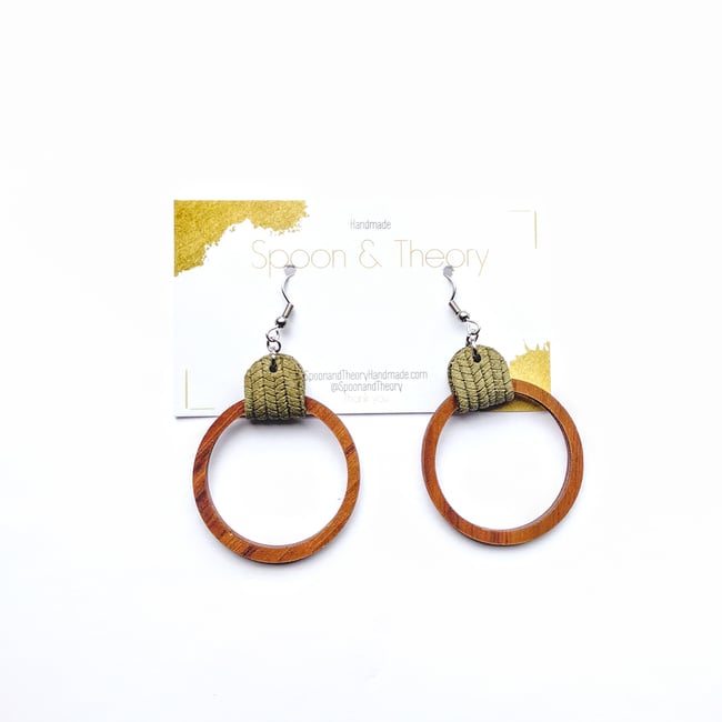 Mini Olive Suede Leather + Wood Hoops