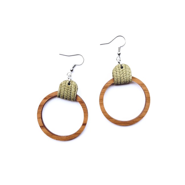Mini Olive Suede Leather + Wood Hoops