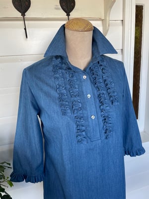 Image of Mid Blue Chambray Tunic Dress with Frills
