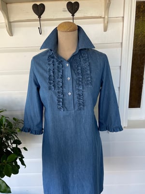 Image of Mid Blue Chambray Tunic Dress with Frills