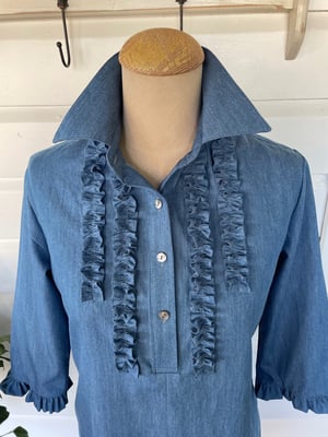 Image of Mid Blue Chambray Tunic Dress with Frills