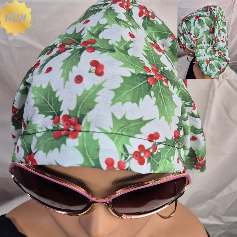 Image of TMO5 Scrub Cap Christmas Holly style nursing caps, hair covers, nurse gift. Polycotton