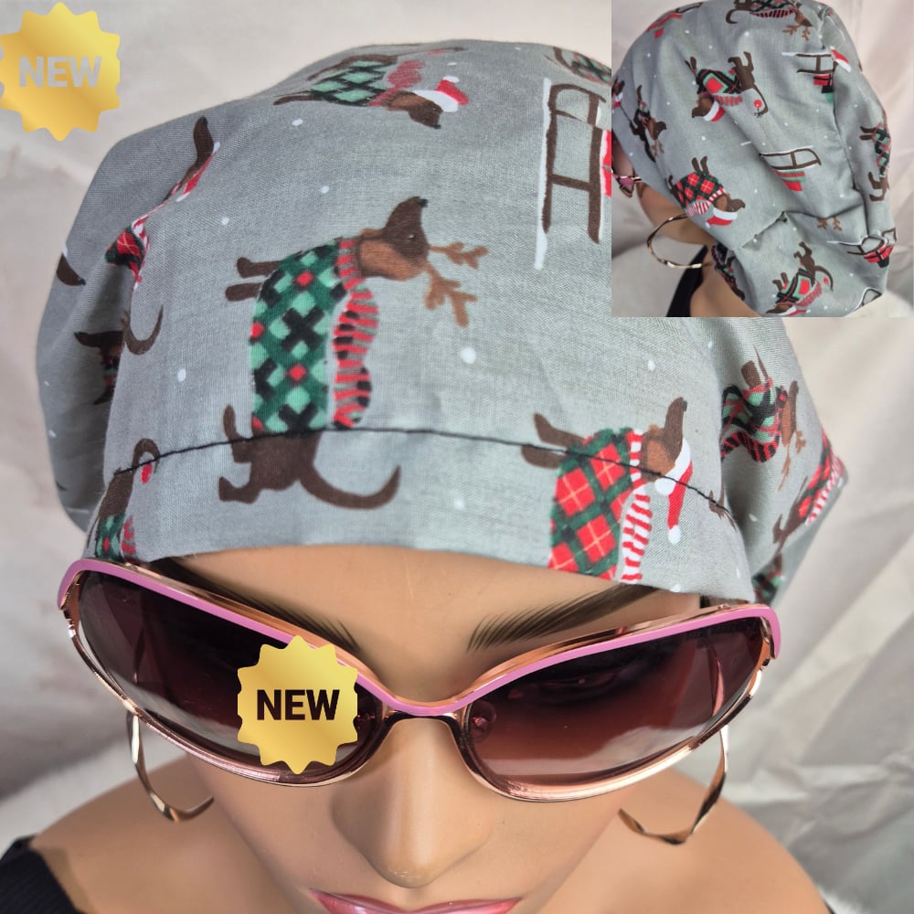 Image of TMO5 SCRUB HAT CAP -DACHSHUND SAUSAGE DOGS style nursing caps, hair covers, nurse gift.