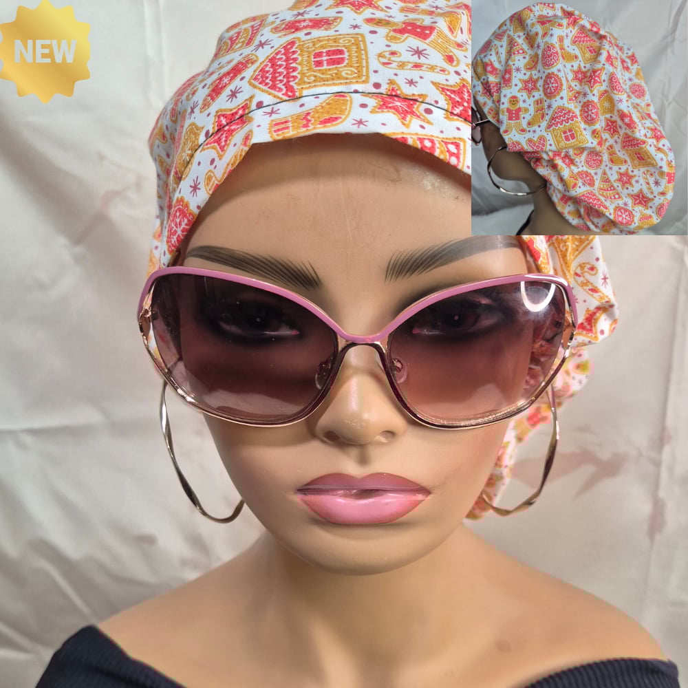 Image of TMO5 SCRUB HAT CAP- Gingerbread House-  style nursing caps, hair covers, nurse gift.