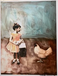 Quality art print  vintage child and hen  