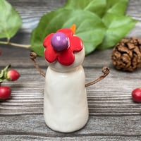 Image 3 of Handmade Ceramic Snowpeep with Red/Purple Flowers