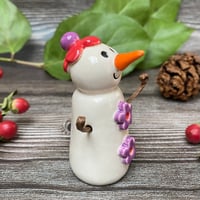 Image 5 of Handmade Ceramic Snowpeep with Red/Purple Flowers