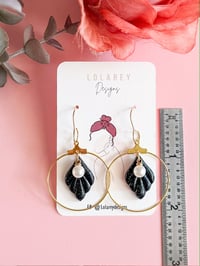 Image 2 of Black Leaf Dangles - Gold hoop and pearl