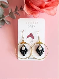 Image 1 of Black Leaf Dangles - Gold hoop and pearl