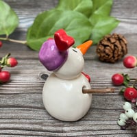 Image 2 of Handmade Ceramic Snowpeep with Purple Hat