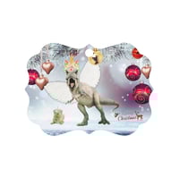 Image 1 of T-Rexie and Caticorn - Double Sided Metal Ornament - Scalloped Holiday Ornament - Merry Christmas