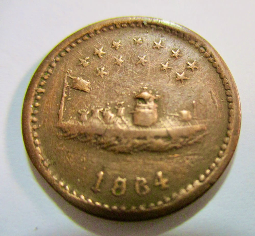#146-CIVIL WAR SALE: HIGH GRADE MONITOR TOKEN, OUR NAVY, 1864 DATED & SMALL PLANCHET CLIP