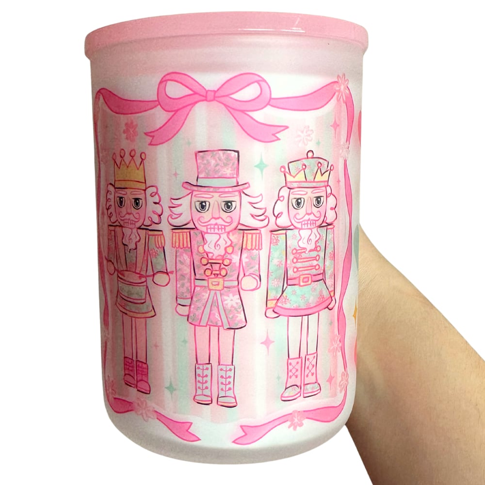Image of Pink Nutcrackers 17oz Frosted Glass Mug🎄💕