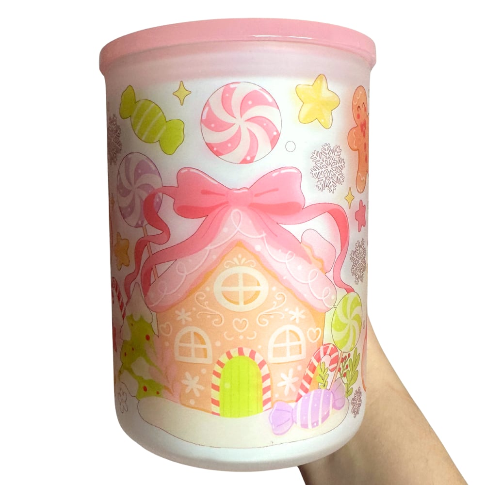 Image of Pink Gingerbread House 17oz Frosted Glass Mug🎄💕