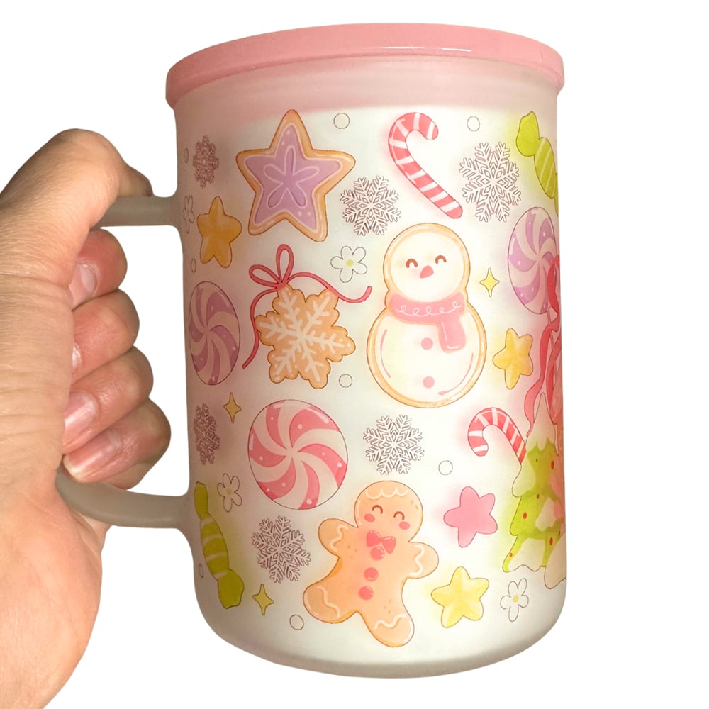 Image of Pink Gingerbread House 17oz Frosted Glass Mug🎄💕