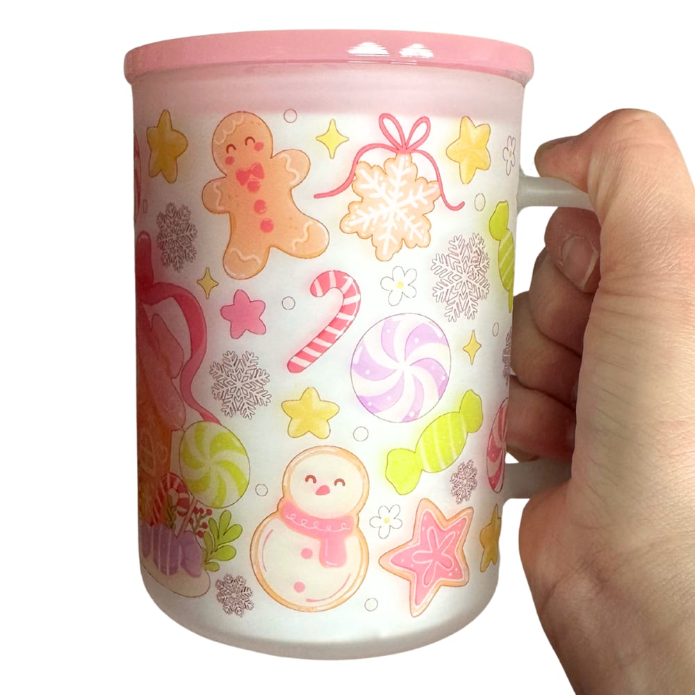 Image of Pink Gingerbread House 17oz Frosted Glass Mug🎄💕