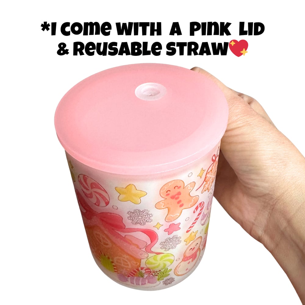 Image of Pink Gingerbread House 17oz Frosted Glass Mug🎄💕