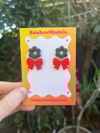 Midnight Minnie Polymer Clay Earrings- Black Flower Stud with Red Bow Dangles