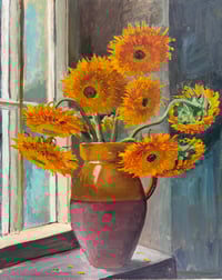 Image 1 of Sunflowers in terracotta vase. Oil on Linen canvas. 76cm x 60cm. 