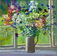 Summer Flowers against studio window. Oil on board 76cm x 76cm