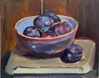 Plums in bowl. Oil on board 24cm x 30cm currently unframed