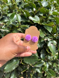 Image 2 of Purple Resin Flower Earrings-1 Inch Width