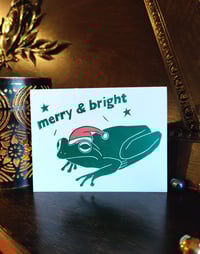 Image 1 of Merry and Bright Frog Linocut Card