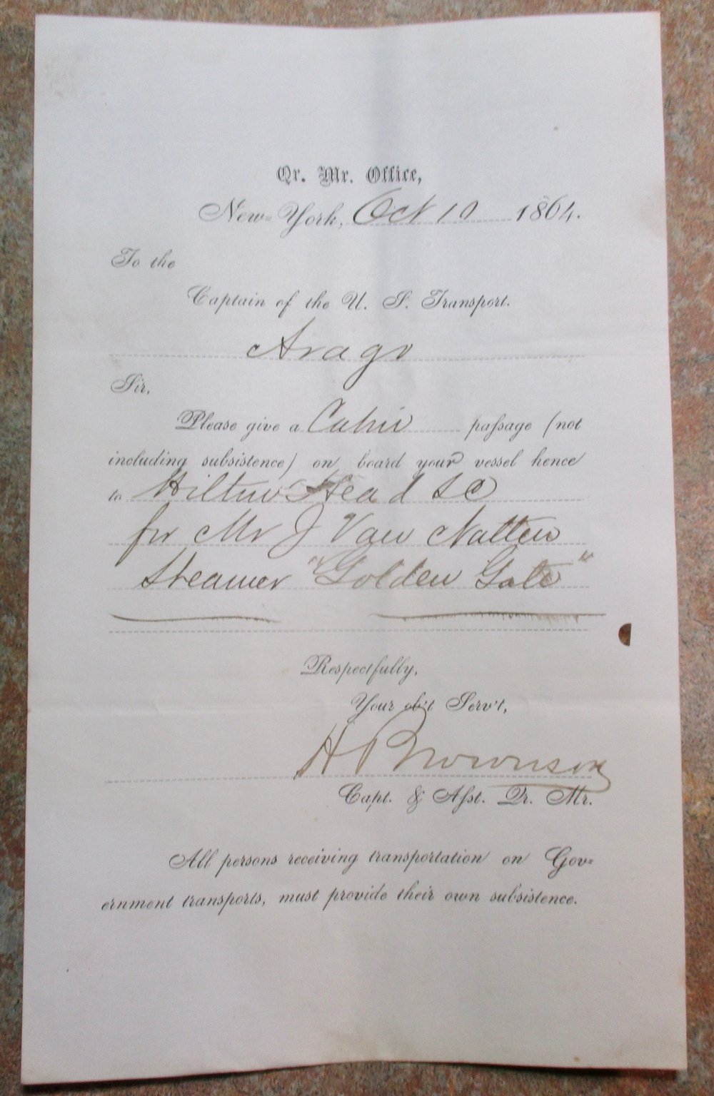 #144-CIVIL WAR SALE: CAPTAIN OF U.S. TRANSPORT REQUESTS PASSAGE ON THE STEAMER ARAGO