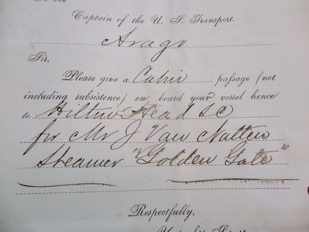 #144-CIVIL WAR SALE: CAPTAIN OF U.S. TRANSPORT REQUESTS PASSAGE ON THE STEAMER ARAGO