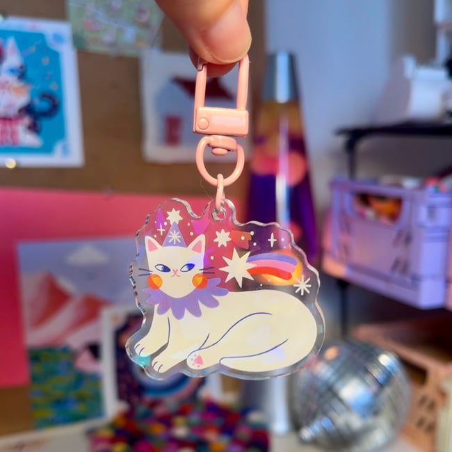 Porte-clé chat cosmique holographique