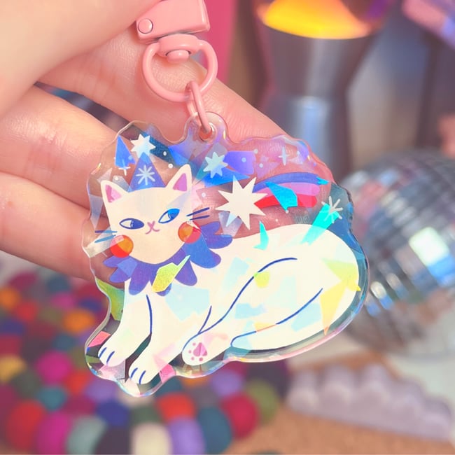 Porte-clé chat cosmique holographique