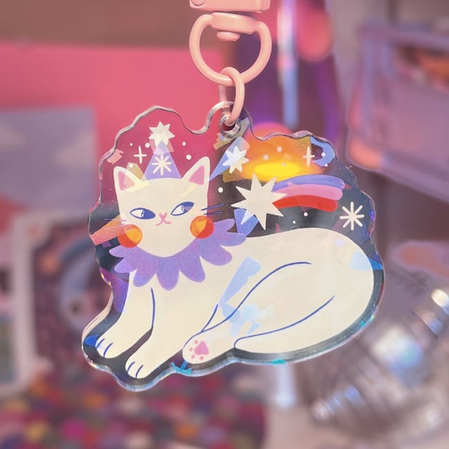 Porte-clé chat cosmique holographique