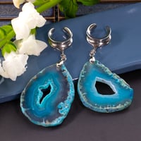 Image 1 of Blue Agate Geode Slice - Ear Weights - Dangle Plugs for Stretched Ears 6-25MM