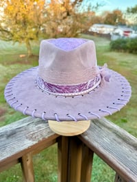 Image 4 of “Also Inspired By” Dusty Lavender Heart Shaped Suede Hat with Lavender Whipstitched Toole