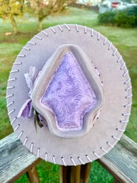 Image 1 of “Also Inspired By” Dusty Lavender Heart Shaped Suede Hat with Lavender Whipstitched Toole