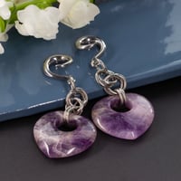 Image 1 of Ear Weights - Amethyst Hearts - Crystal Ear Hangers for Stretched Ears