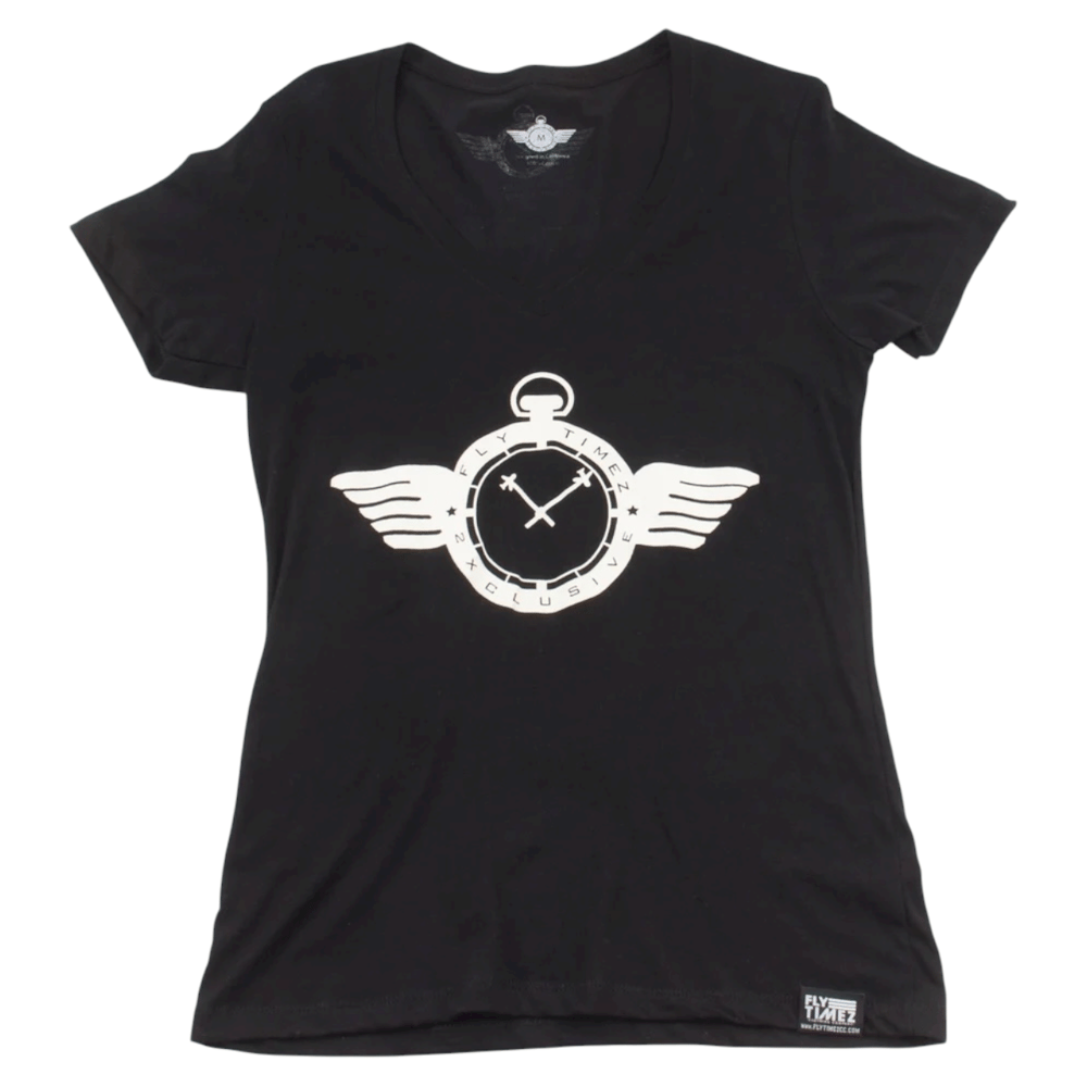 Image of WOMENS FlyTimez "Official" Logo V-Neck Tee (Black/White)